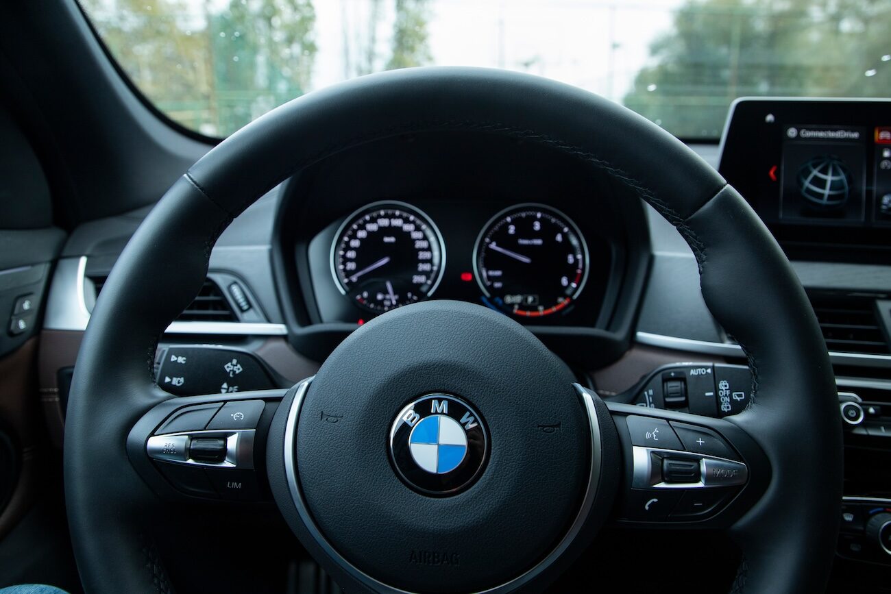 interior view of BMW steering wheel