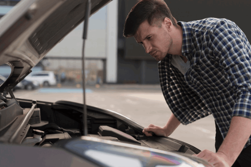 A man hearing post-collision noises from his car